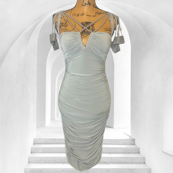 Mignon sage stretch Silver Ruched Rhinestone Strap Dress - Size 4 - Picture 3 of 7